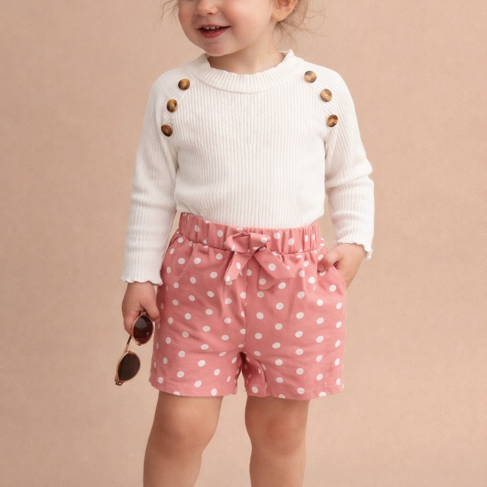 Girls 3T Outfit White Ribbed Button Top & Pink Polka Dot Shorts Set Cute Trendy